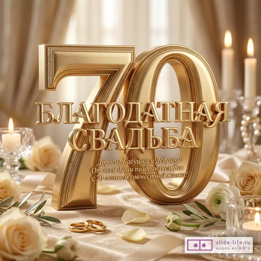Золотые цифры 70, бежево-золотой фон с драпировкой, свечи, белые розы, кольца, жемчуг, текст «БЛАГОДАТНАЯ СВАДЬБА Дорогие Бабушка и Дедушка! От всей души поздравляем Вас с 70-летием совместной жизни!»