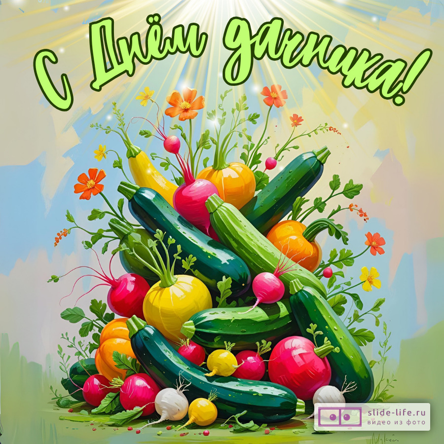 Открытка с днем дачника с овощами