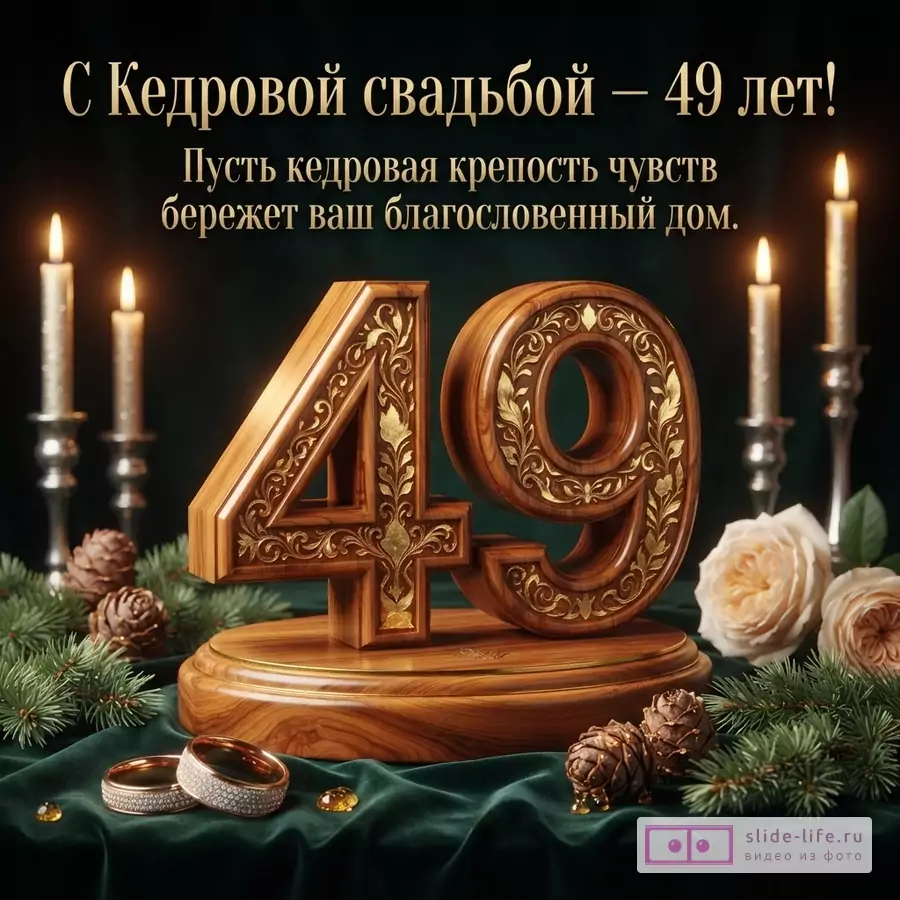 Темно-зеленый фон, деревянные цифры «49» с золотым узором, две свечи, еловые ветки, шишки, две розы, два обручальных кольца. Текст: «С Кедровой свадьбой – 49 лет! Пусть кедровая крепость чувств бережет ваш благословенный дом.»