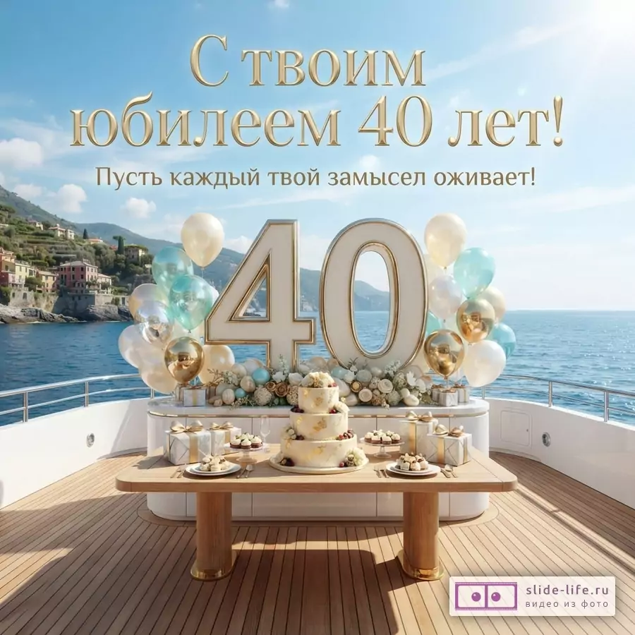 Открытка с юбилеем 40 лет. На фоне синего неба и моря, на палубе яхты стоит стол с тортом, пирожными и подарками. Рядом большие цифры 40, воздушные шары и цветочные композиции. Текст «С твоим юбилеем 40 лет! Пусть каждый твой замысел оживает!»