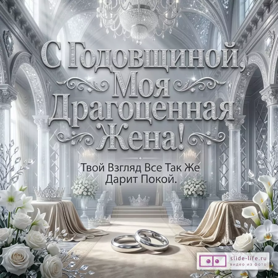 Серебристый интерьер дворца с люстрами, арками, белыми розами, лилиями и орхидеями, крупная надпись «С годовщиной, бесценная супруга!» и текст «Твой взгляд по-прежнему дарит покой.»