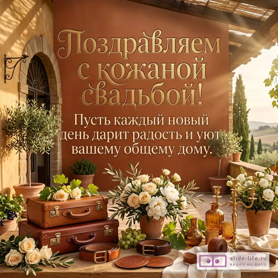 Коричневый фон, винтажные чемоданы, кожаные ремни, белые цветы, золотые подсвечники, текст «Поздравляем с кожаной свадьбой! Пусть каждый новый день дарит радость и уют вашему общему дому.»