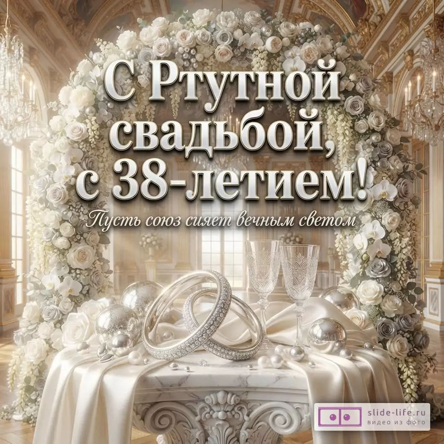 Открытка с аркой из белых и кремовых цветов на фоне дворцового интерьера, на переднем плане стол с обручальными кольцами, бокалами и жемчугом. Текст: «С Ртутной свадьбой, с 38-летием! Пусть союз сияет вечным светом»
