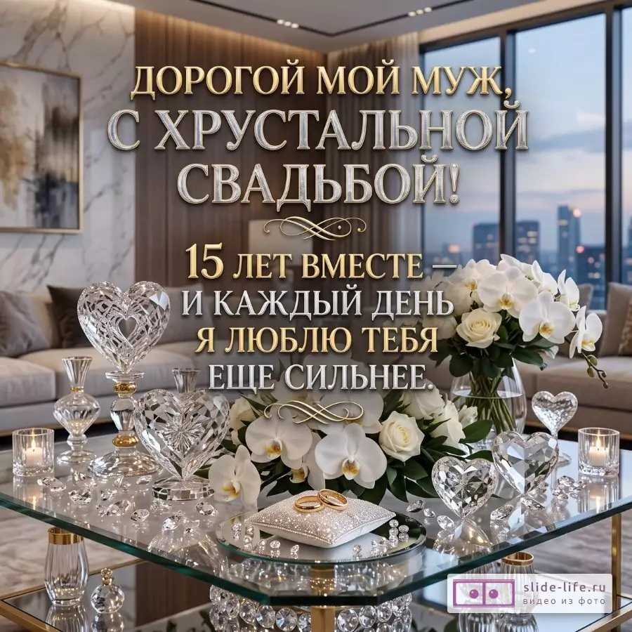 Хрустальная свадьба 15 лет — красивая открытка мужу от жены с поздравлением и любовью