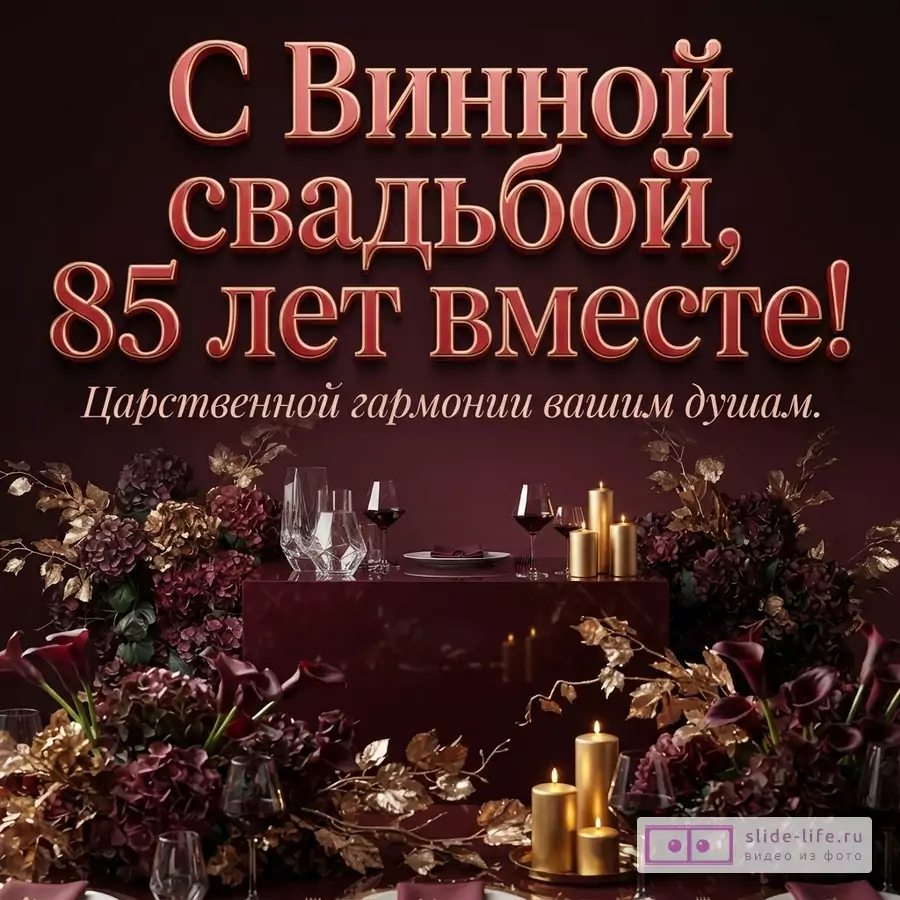 Бордовый фон с праздничной сервировкой, золотыми свечами, цветами и надписью «С Винной свадьбой, 85 лет вместе! Царственной гармонии вашим душам».