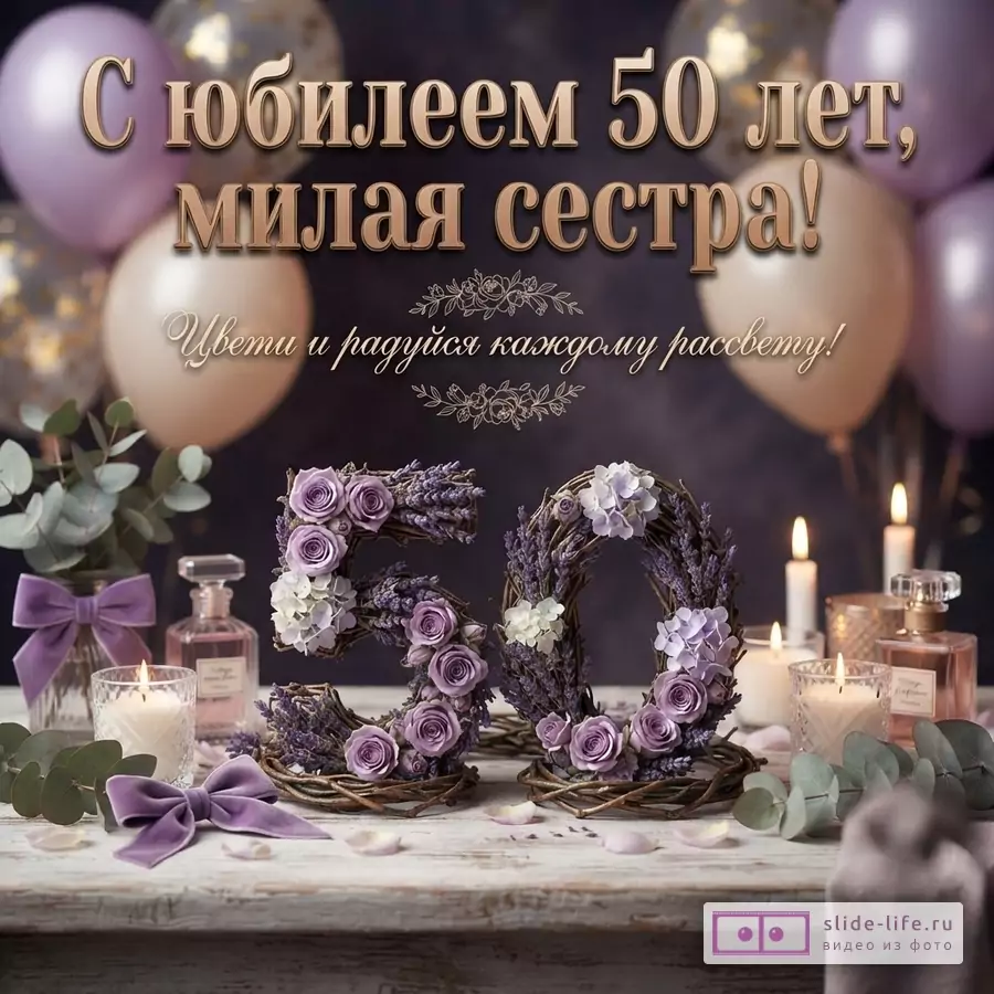 Открытка с фиолетовыми и бежевыми воздушными шарами на темном фоне, надпись «С юбилеем 50 лет, милая сестра! Цвети и радуйся каждому рассвету!», цифры «50» из веток и цветов лаванды и роз, свечи, флакон духов, эвкалипт, фиолетовые банты