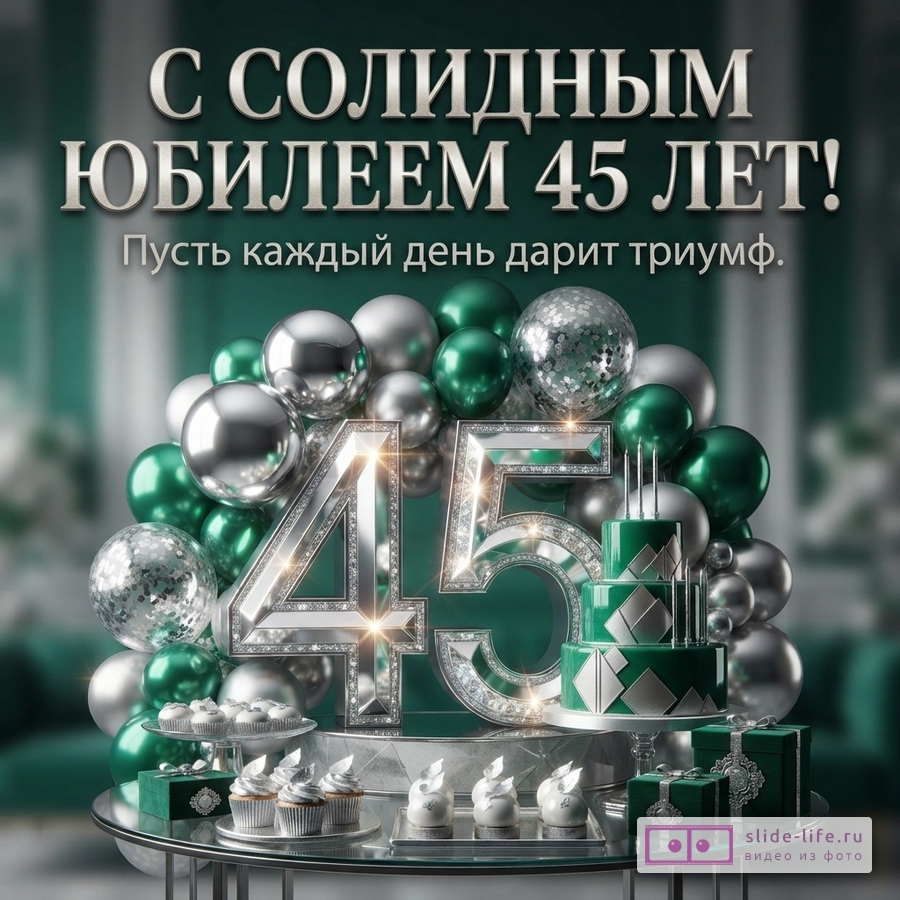 Фон темно-зеленый. В центре композиция из серебряных и зеленых шаров, цифры «45» из серебра с бриллиантами, зеленый торт, кексы и пирожные. Текст: «С СОЛИДНЫМ ЮБИЛЕЕМ 45 ЛЕТ! Пусть каждый день дарит триумф.»