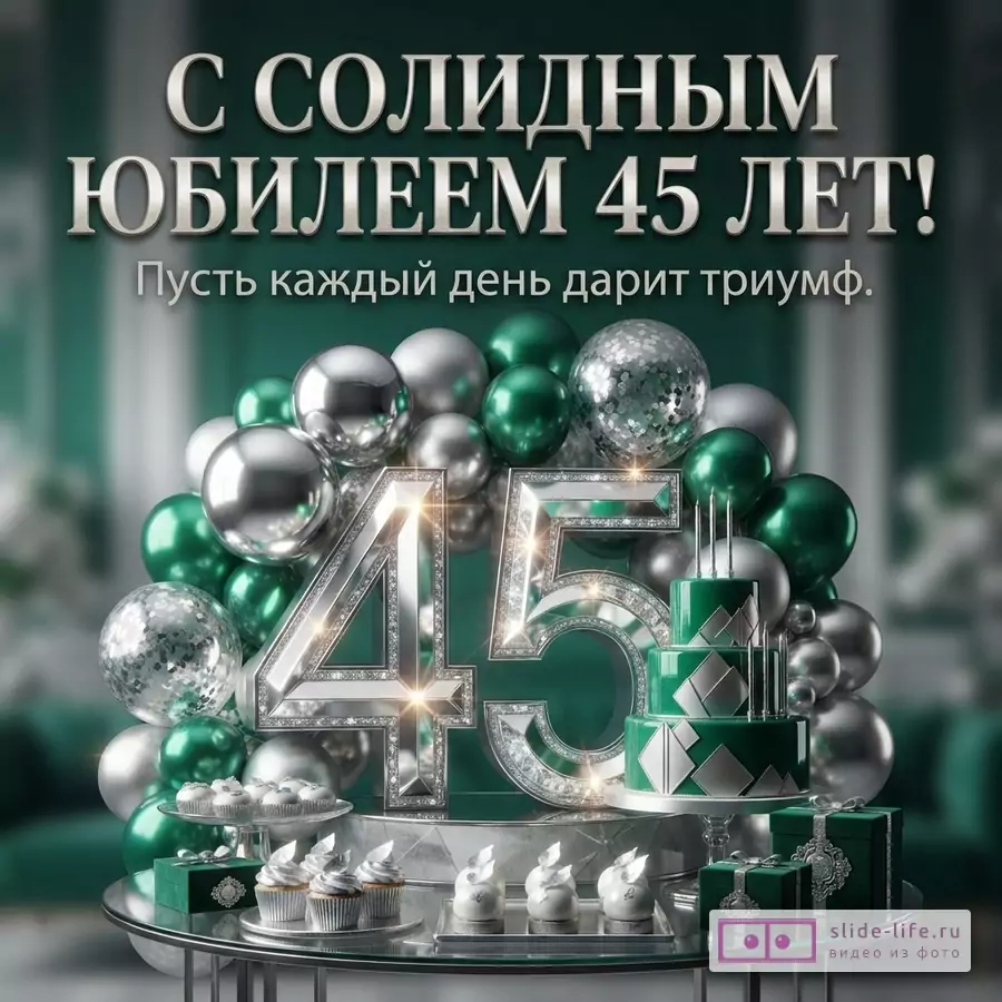 Фон темно-зеленый. В центре композиция из серебряных и зеленых шаров, цифры «45» из серебра с бриллиантами, зеленый торт, кексы и пирожные. Текст: «С СОЛИДНЫМ ЮБИЛЕЕМ 45 ЛЕТ! Пусть каждый день дарит триумф.»