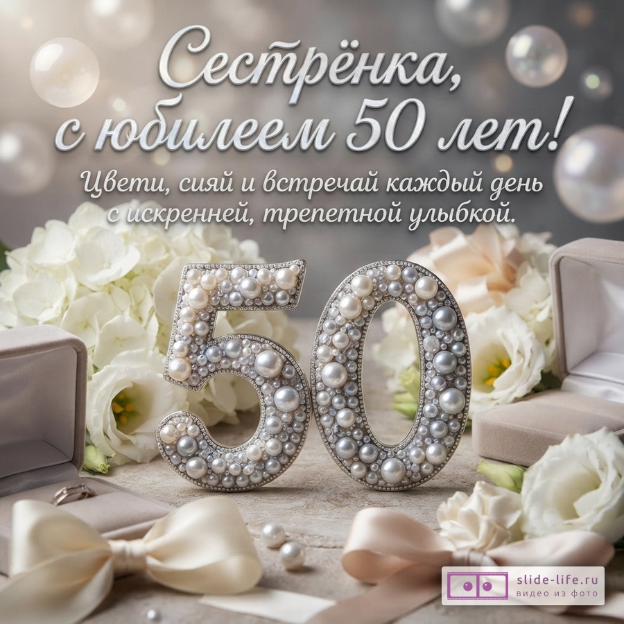 Фон серый с бликами, белые цветы, цифры «50» из жемчужин. Текст: «Сестрёнка, с юбилеем 50 лет! Цвети, сияй и встречай каждый день с искренней, трепетной улыбкой.»