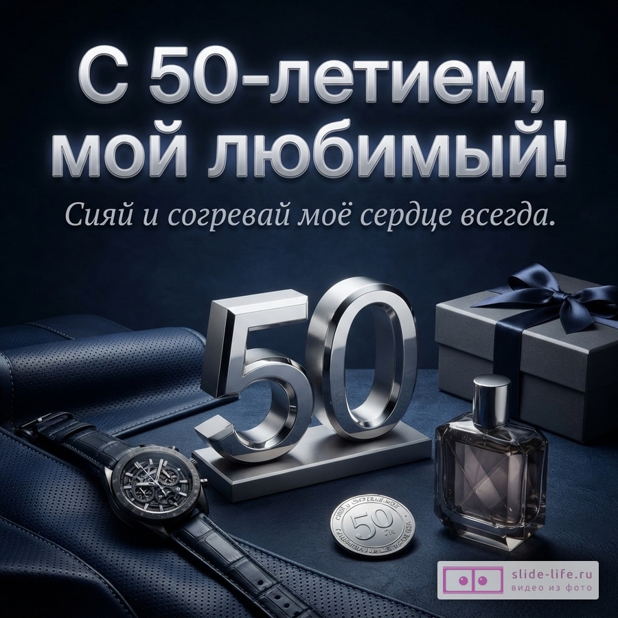 Темно-синий фон, серебряные буквы, серебряные цифры 50, черные часы, флакон духов, подарочная коробка, монета. Текст: «С 50-летием, мой любимый! Сияй и согревай моё сердце всегда.»