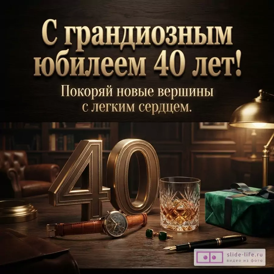 Темный фон, золотые буквы, золотые цифры 40, часы, стакан виски, запонки, ручка, подарок. Текст: «С грандиозным юбилеем 40 лет! Покоряй новые вершины с легким сердцем.»