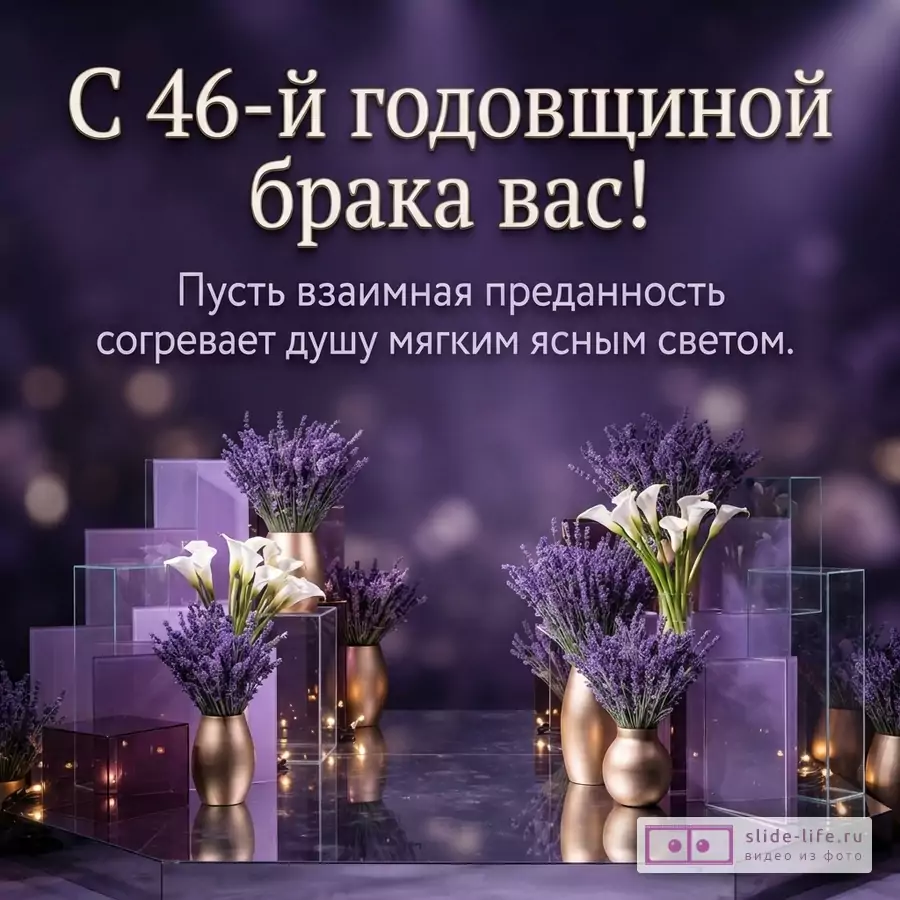 Фиолетовый фон, текст бежевого цвета «С 46-й годовщиной брака вас! Пусть взаимная преданность согревает душу мягким ясным светом.», лаванда и белые каллы в золотых вазах, прозрачные фиолетовые кубы.