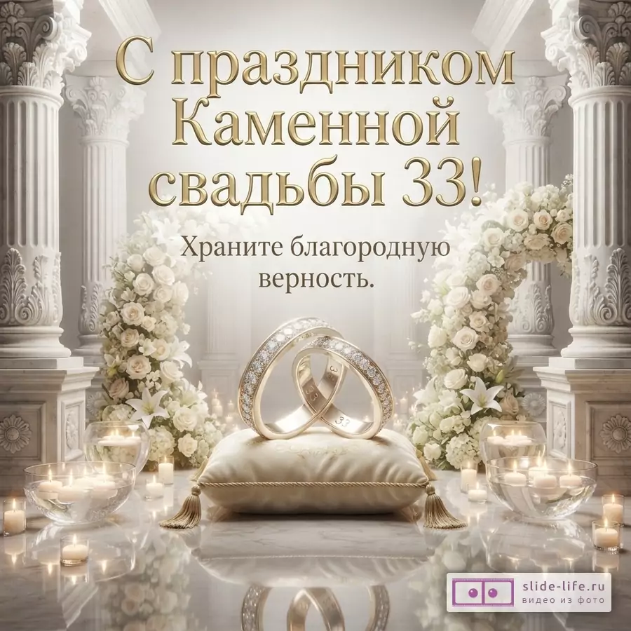 Белый фон, золотые колонны, арки из белых роз и лилий, свечи в стеклянных чашах, золотые обручальные кольца на подушке. Текст: «С праздником Каменной свадьбы 33! Храните благородную верность.»
