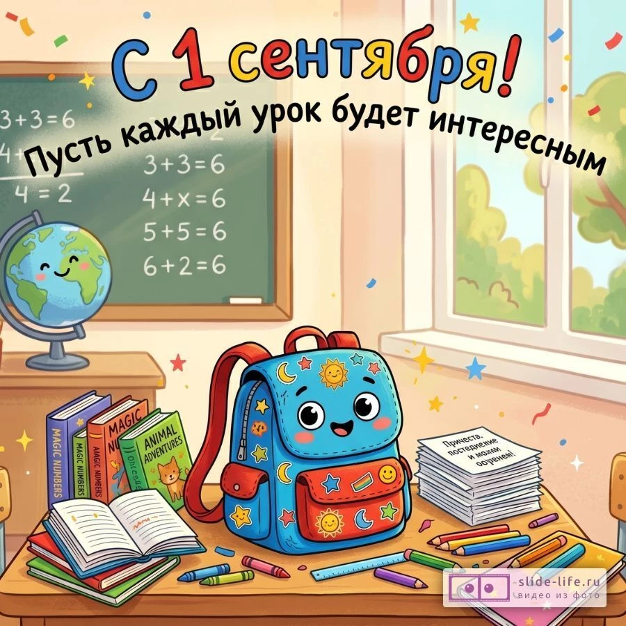 С 1 сентября — открытка с Днём знаний с тёплыми пожеланиями ученикам