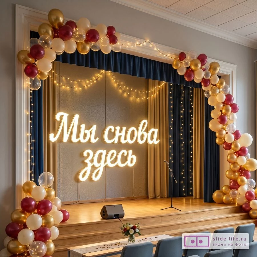 Праздничная открытка на встречу выпускников — мы снова здесь школьный актовый зал