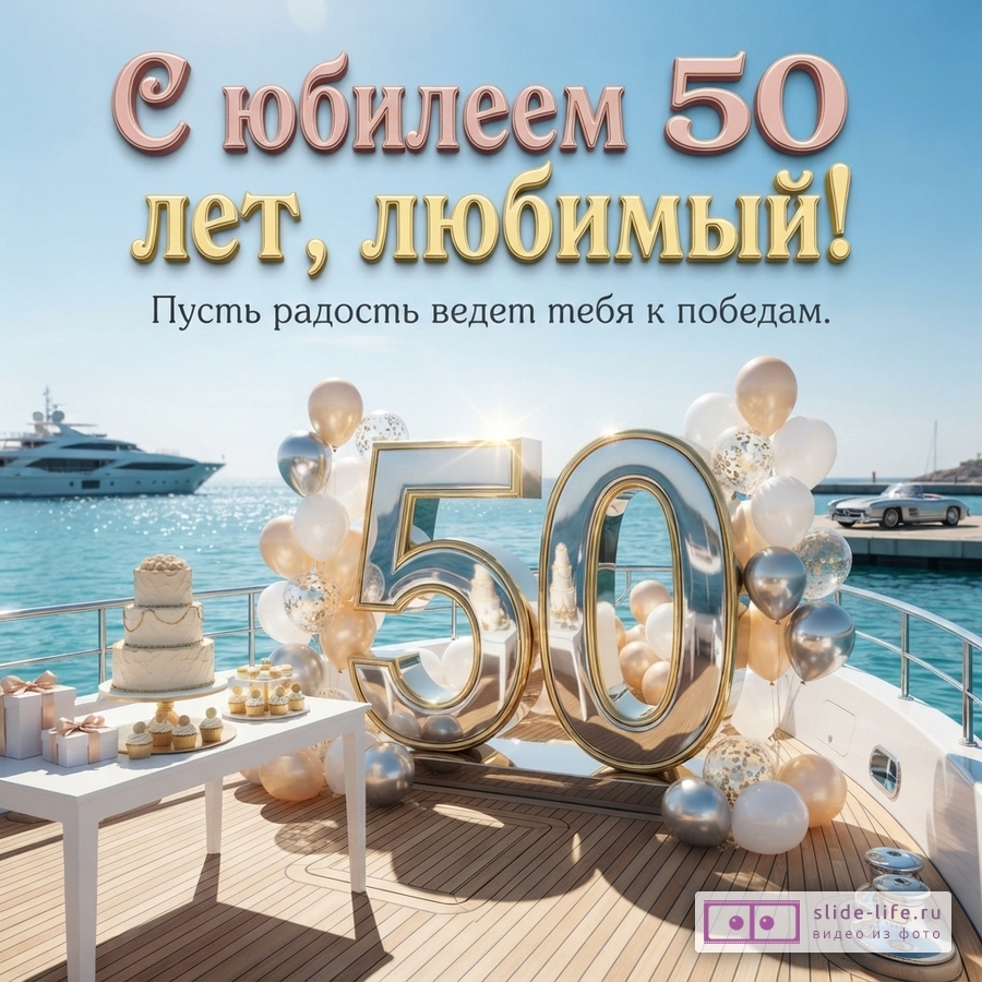 Открытка с юбилеем 50 лет. На фоне яхты и моря, на палубе стол с тортом и кексами, шары, большие серебряные цифры 50. Текст: «С юбилеем 50 лет, любимый! Пусть радость ведет тебя к победам.»