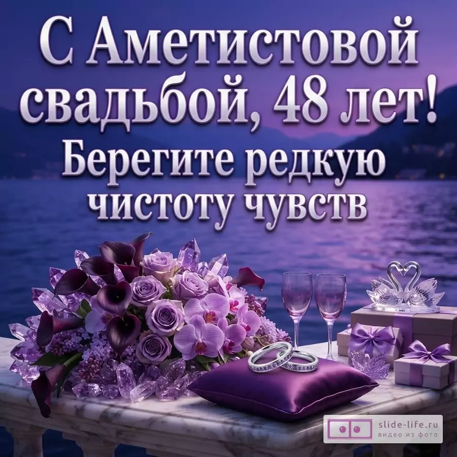 Фон фиолетового заката над озером. На переднем плане мраморный стол с букетом фиолетовых цветов, аметистовыми кристаллами, двумя бокалами, подарками, статуэткой лебедей и двумя кольцами на фиолетовой подушке. Текст: «С Аметистовой свадьбой, 48 лет! Берегите редкую чистоту чувств»