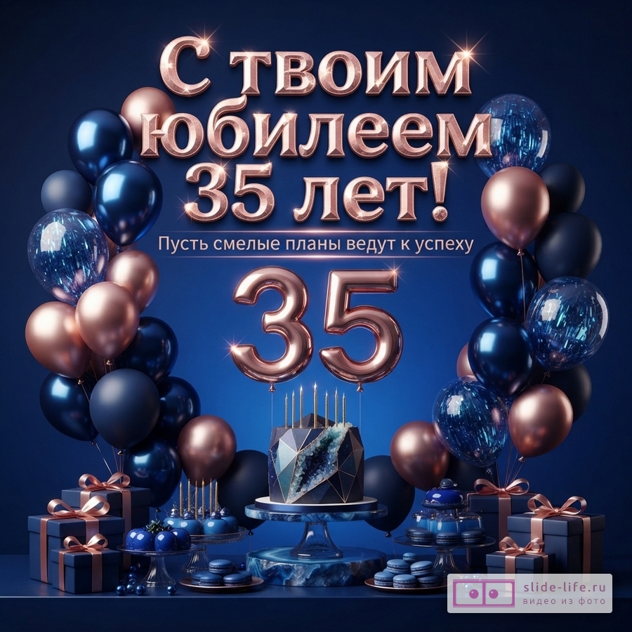 Темно-синий фон с праздничным столом, тортом, подарками, шарами и текстом «С твоим юбилеем 35 лет! Пусть смелые планы ведут к успеху».