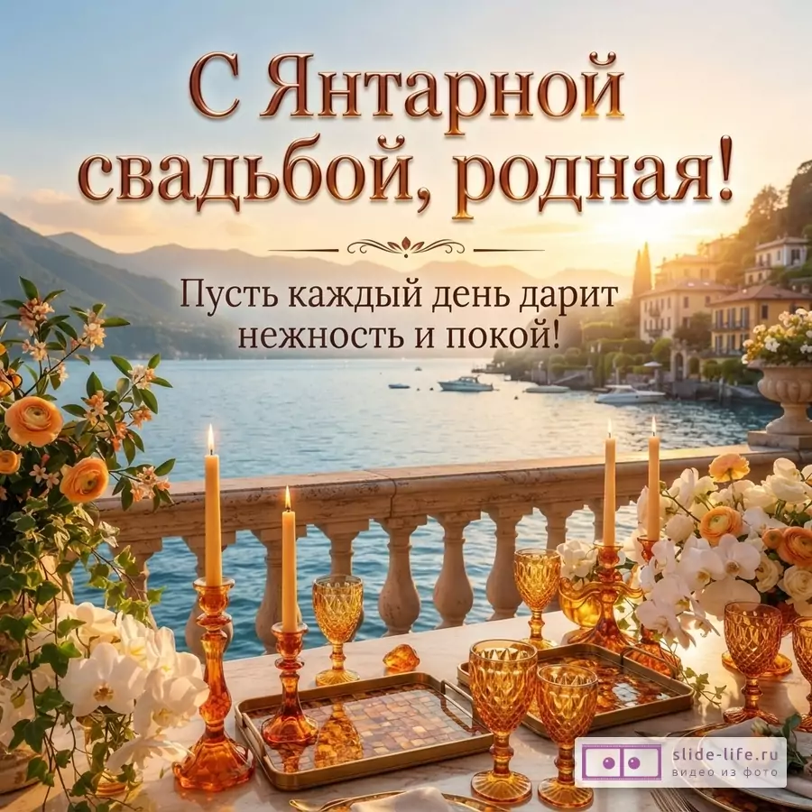 Фон заката над озером с горами и домами, на переднем плане сервированный стол с янтарной посудой, цветами и свечами. Текст: «С Янтарной свадьбой, родная! Пусть каждый день дарит нежность и покой!»