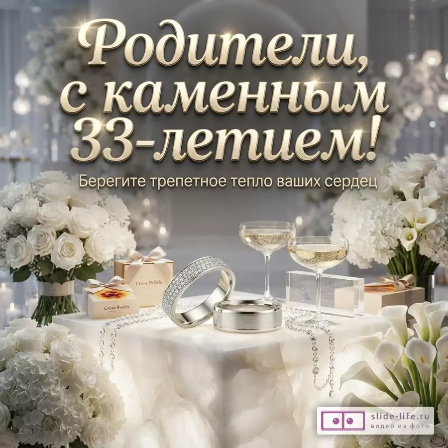 Светлый фон, золотой текст, белые цветы, два бокала шампанского, два обручальных кольца, бусы. Текст: «Родители, с каменным 33-летием! Берегите трепетное тепло ваших сердец»