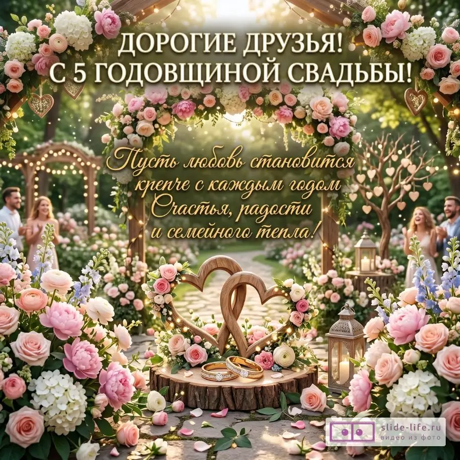 Друзьям с 5 годовщиной свадьбы — красивая открытка на деревянную свадьбу с пожеланиями счастья