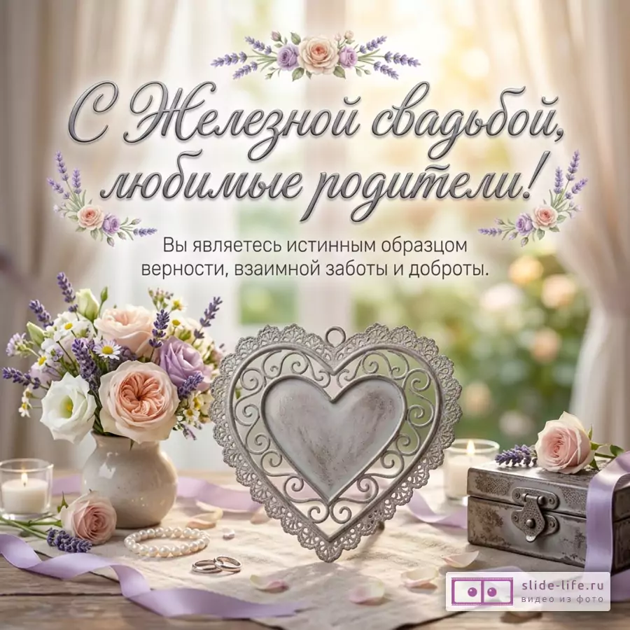 Светлый размытый фон с шторами, цветы и лаванда, ваза с букетом, свечи, шкатулка, ленты, кольца, ажурное сердце, текст «С Железной свадьбой, любимые родители! Вы являетесь истинным образцом верности, взаимной заботы и доброты.»