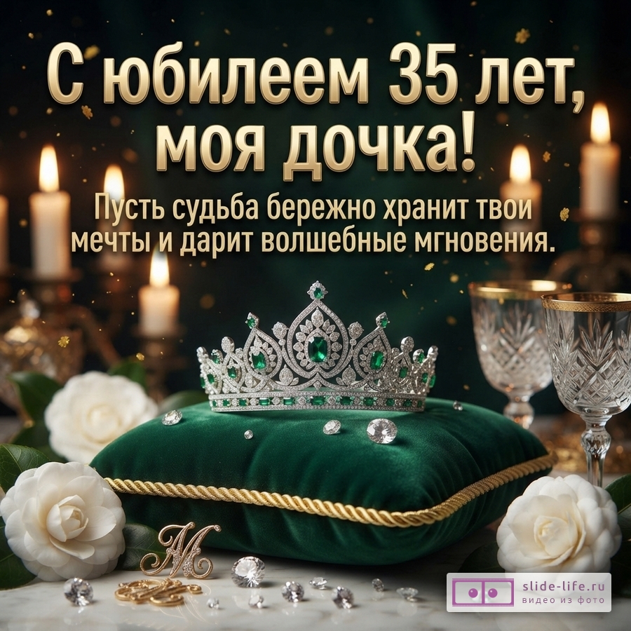 Изумрудная диадема на бархатной подушке рядом с белыми цветами и бокалами, надпись «С юбилеем 35 лет, моя дочка! Пусть судьба бережно хранит твои мечты и дарит волшебные мгновения.»