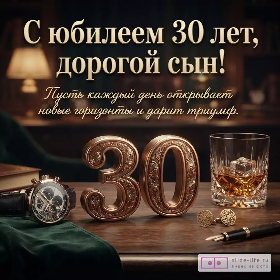 Объемная золотая цифра 30, наручные часы, стакан виски и запонки на деревянном столе с надписью «С юбилеем 30 лет, дорогой сын! Пусть каждый день открывает новые горизонты и дарит триумф.»