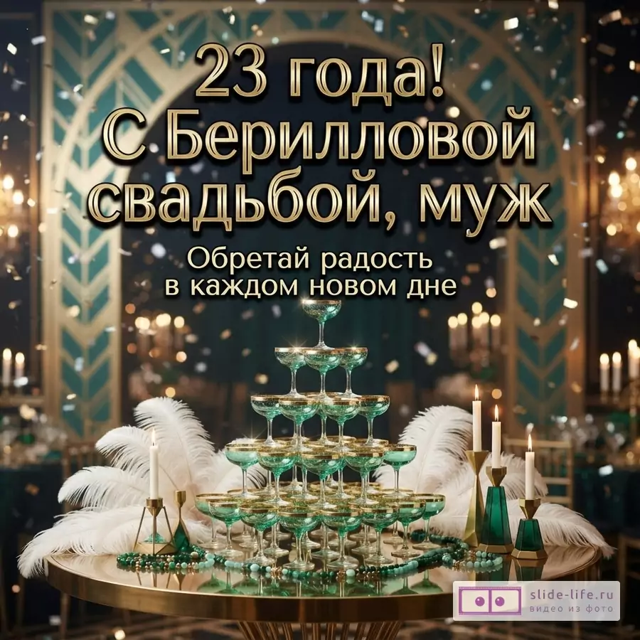 Пирамида из зеленых бокалов с золотой каймой, свечи, белые перья на круглом столе в банкетном зале с надписью «23 года! С Берилловой свадьбой, муж Обретай радость в каждом новом дне».