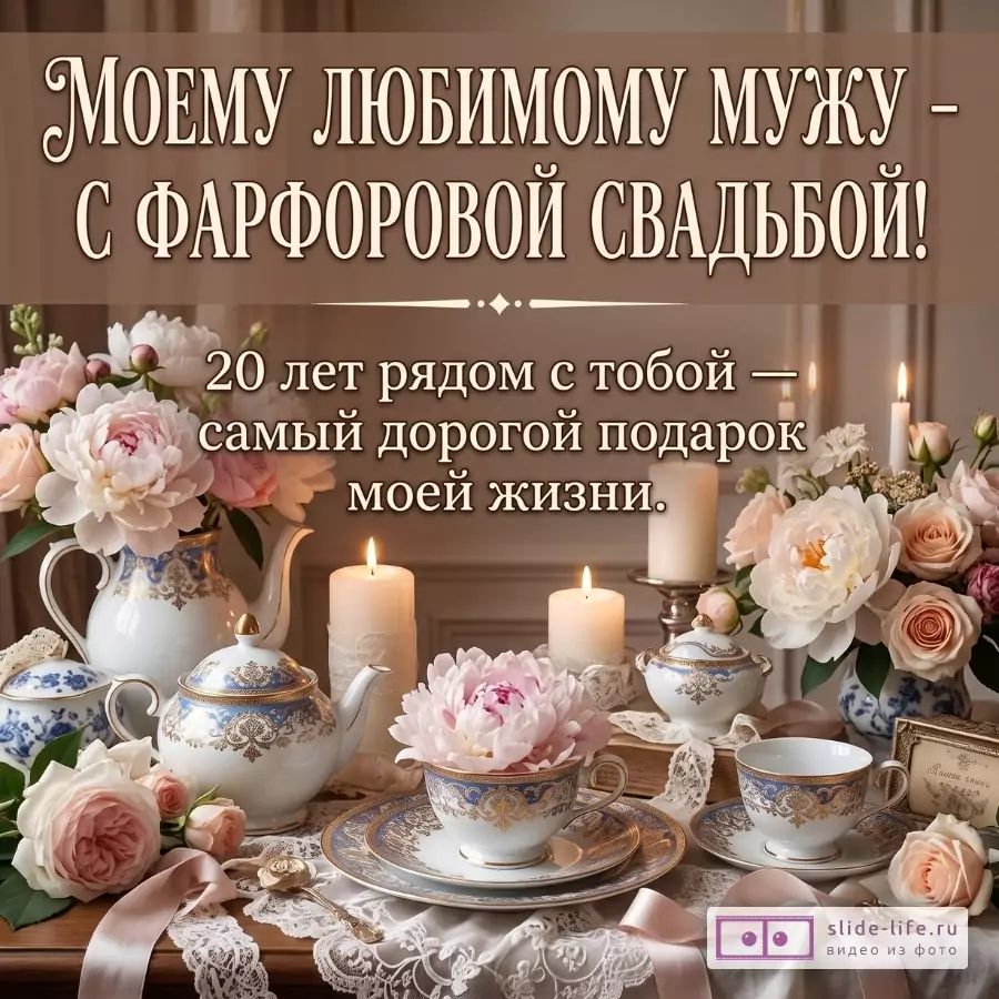 «Моему любимому мужу - с фарфоровой свадьбой! 20 лет рядом с тобой — самый дорогой подарок моей жизни». Бежево-коричневый фон, фарфоровый чайный сервиз, розовые и белые пионы, розы, свечи.