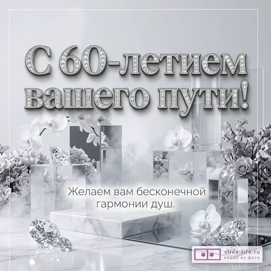 Серебристо-белая открытка с орхидеями, розами, прозрачными стеклянными подиумами, кристаллами и текстом «С 60-летием вашего пути! Желаем вам бесконечной гармонии душ.»