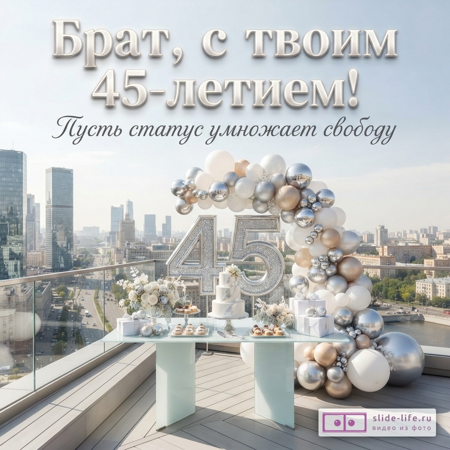 Открытка с видом на город с высоты, на переднем плане стол с тортом и пирожными, цифры «45» и арка из шаров белого, серебряного и золотого цветов. Текст: «Брат, с твоим 45-летием! Пусть статус умножает свободу»