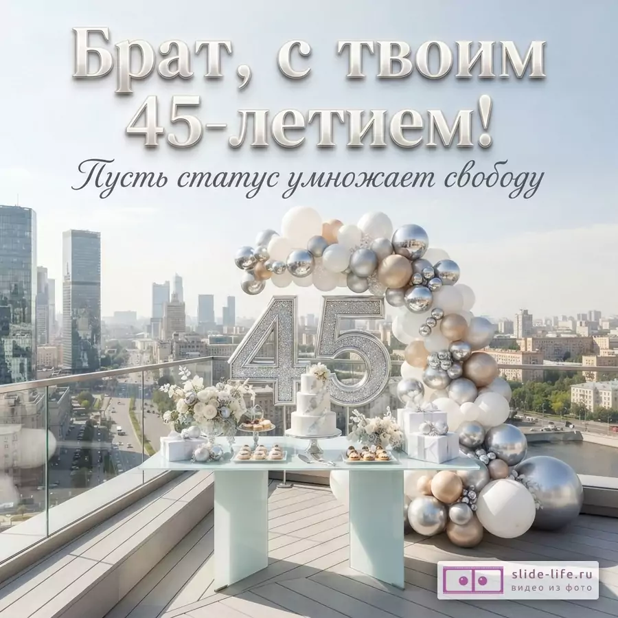 Открытка с видом на город с высоты, на переднем плане стол с тортом и пирожными, цифры «45» и арка из шаров белого, серебряного и золотого цветов. Текст: «Брат, с твоим 45-летием! Пусть статус умножает свободу»