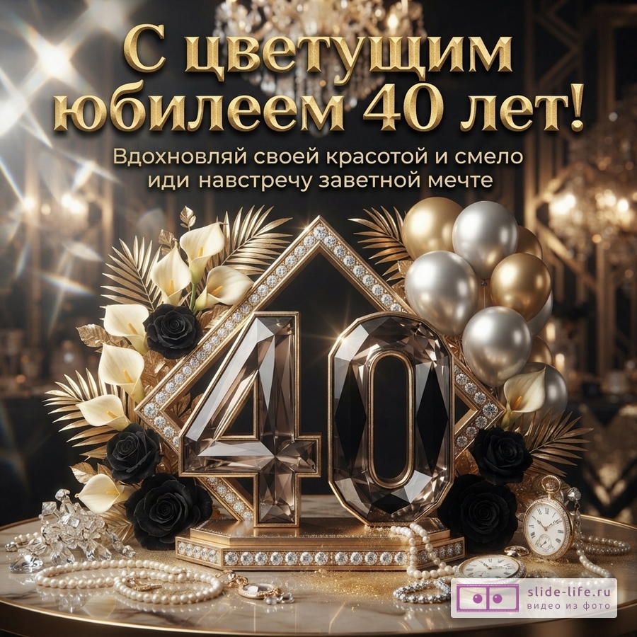 Открытка с черным фоном, золотыми элементами, цифрами «40» из темного стекла с бриллиантами, золотыми и серебряными шарами, черными и белыми цветами, жемчугом и часами. Текст: «С цветущим юбилеем 40 лет! Вдохновляй своей красотой и смело иди навстречу заветной мечте».