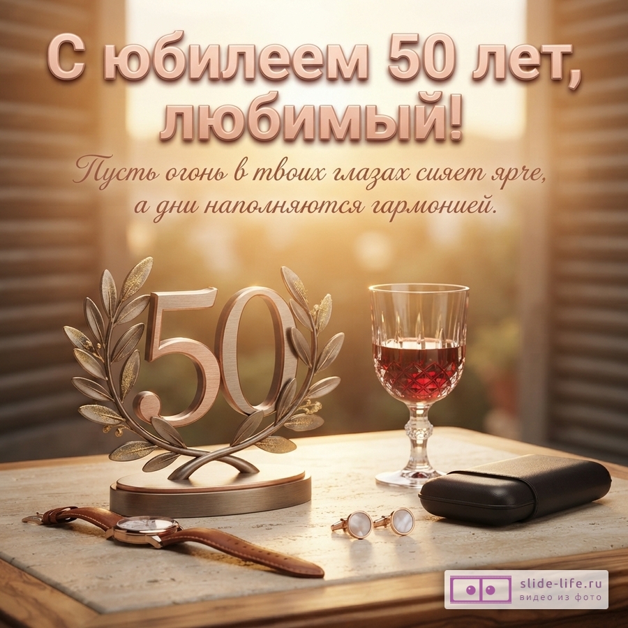 Открытка с юбилеем 50 лет. Фон размытый, оранжево-коричневый. На переднем плане цифра «50» в лавровом венке, бокал красного вина, часы, запонки, футляр. Текст: «С юбилеем 50 лет, любимый! Пусть огонь в твоих глазах сияет ярче, а дни наполняются гармонией.»