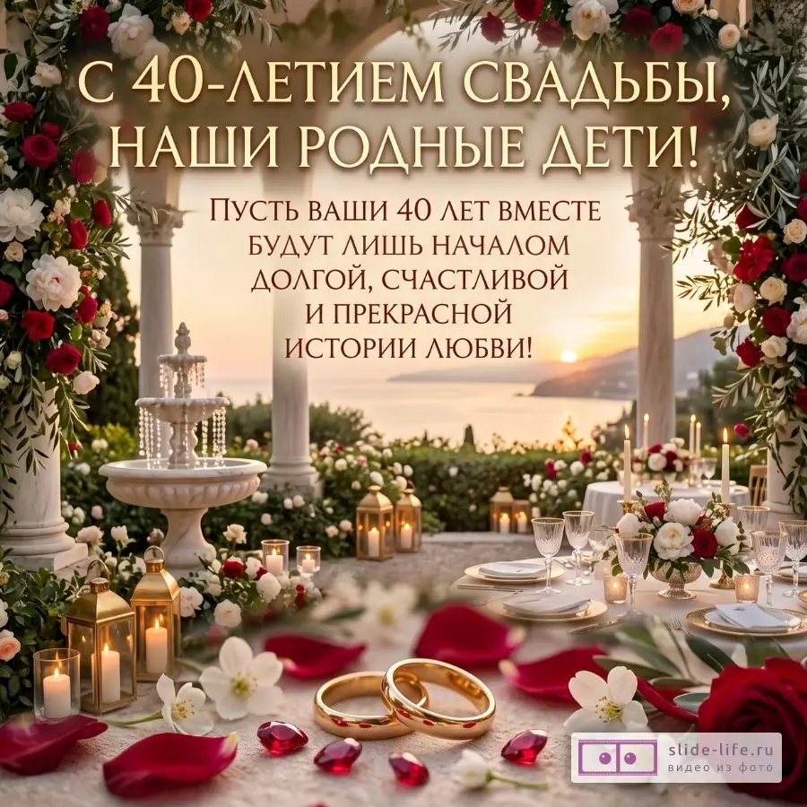 Бежево-золотой фон с цветами, свечами, бокалами, кольцами и морским закатом. Текст: «С 40-летием свадьбы, наши родные дети!», «Пусть ваши 40 лет вместе будут лишь началом долгой, счастливой и прекрасной истории любви!»
