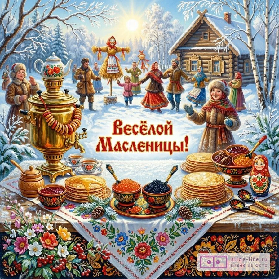 Красочные открытки с Масленицей и блинами на праздник