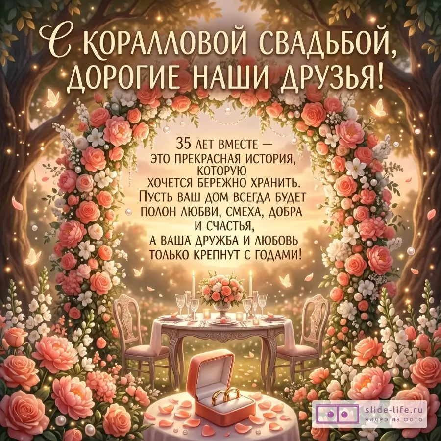 Теплая открытка в бежево-золотых тонах с цветочной аркой, свечами, столом и кольцами. Текст: «С КОРАЛЛОВОЙ СВАДЬБОЙ, ДОРОГИЕ НАШИ ДРУЗЬЯ!»