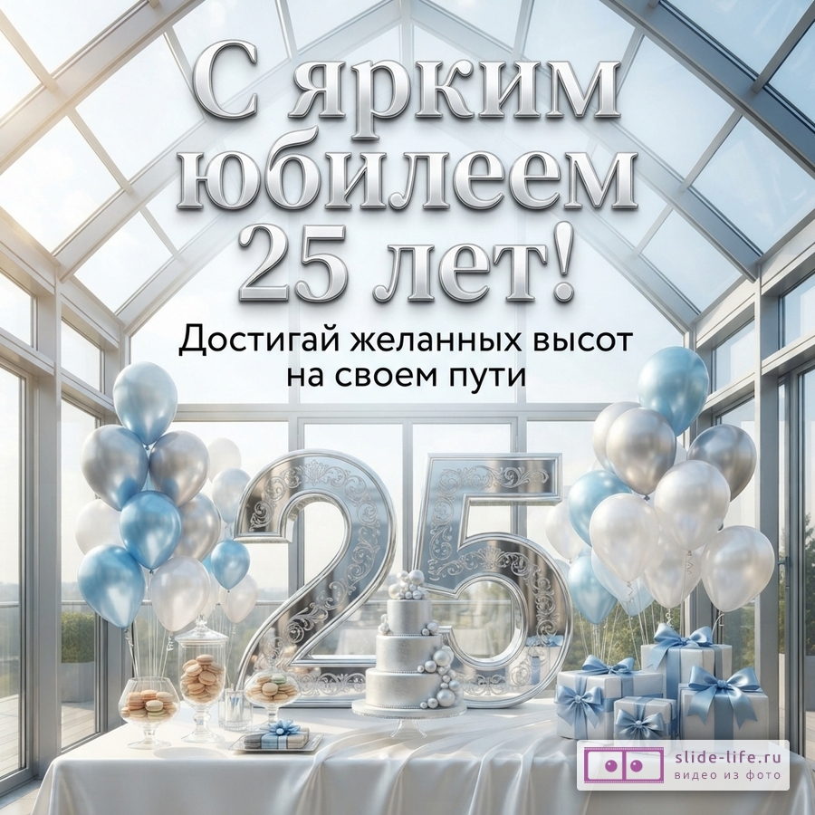 Большая серебряная цифра 25, торт, подарки и шары в светлом зале с текстом «С ярким юбилеем 25 лет! Достигай желанных высот на своем пути».