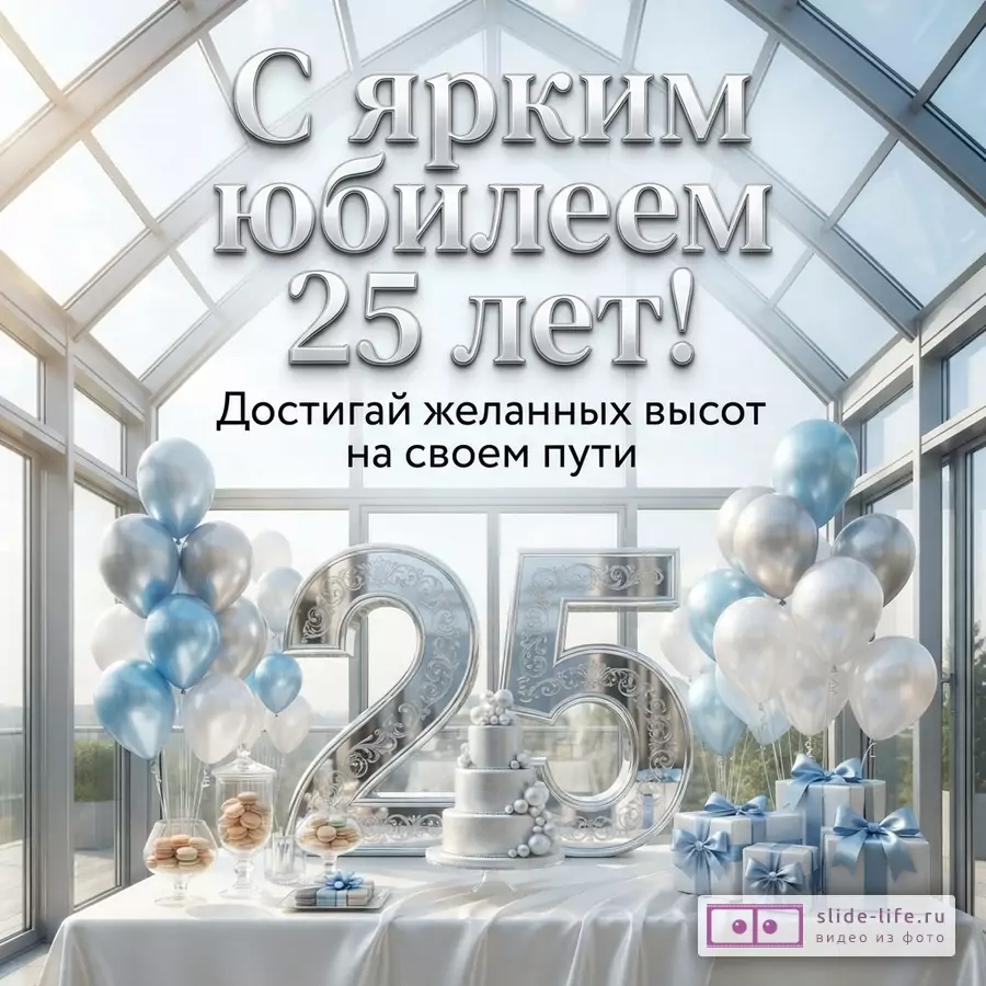 Большая серебряная цифра 25, торт, подарки и шары в светлом зале с текстом «С ярким юбилеем 25 лет! Достигай желанных высот на своем пути».