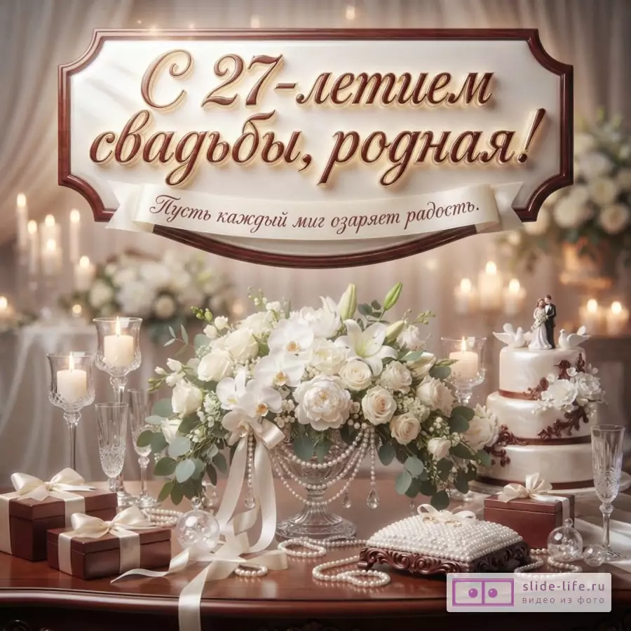Праздничный стол с белыми цветами, свечами, подарками и свадебным тортом на фоне светлых стен. Наверху надпись: «С 27-летием свадьбы, родная! Пусть каждый миг озаряет радость.»