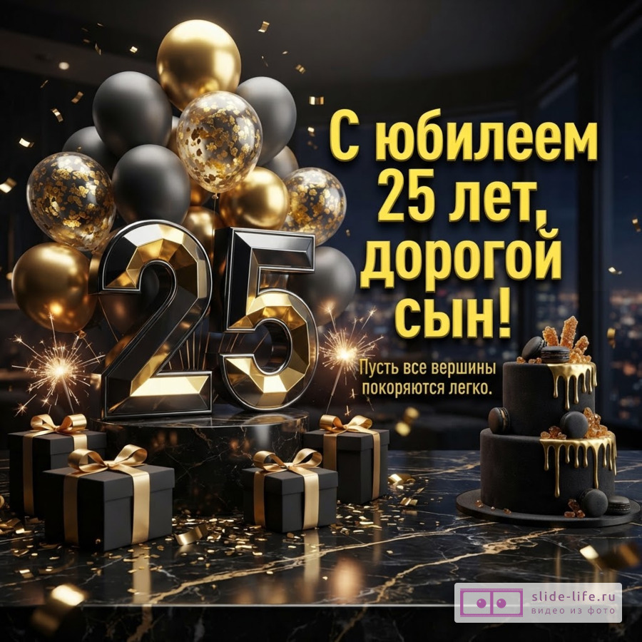 Тёмный фон, золотисто-чёрные шары, цифры 25, подарки, торт и фейерверки; текст: «С юбилеем 25 лет, дорогой сын! Пусть все вершины покоряются легко.»