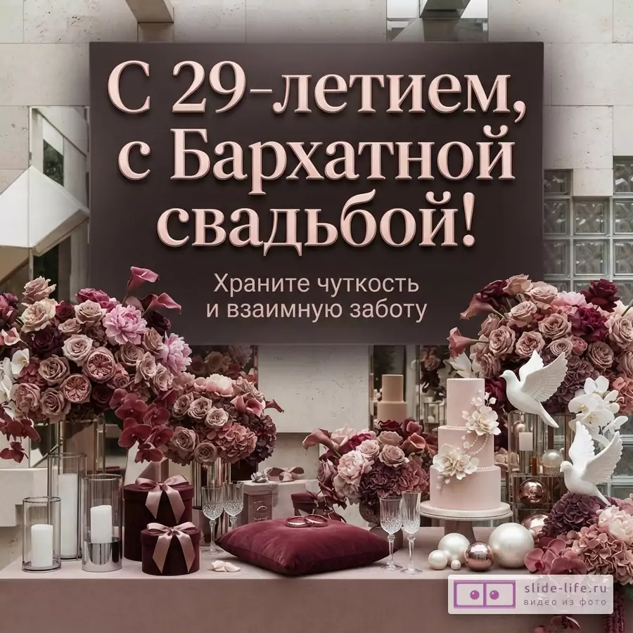 Темный бордовый фон, розовые объемные буквы «С 29-летием, с Бархатной свадьбой!», ниже текст «Храните чуткость и взаимную заботу», цветочные композиции и декор.