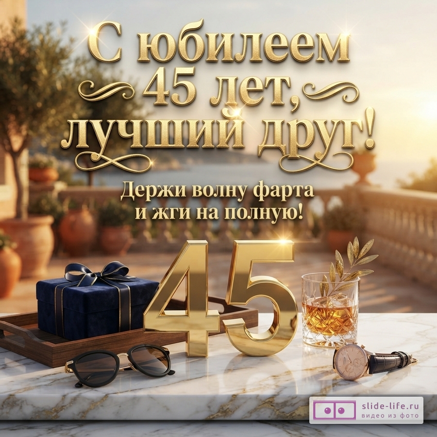 Золотые буквы на фоне террасы с видом на море, закат. Текст: «С юбилеем 45 лет, лучший друг! Держи волну фарта и жги на полную!» На столе золотые цифры «45», подарок, очки, стакан виски, часы.