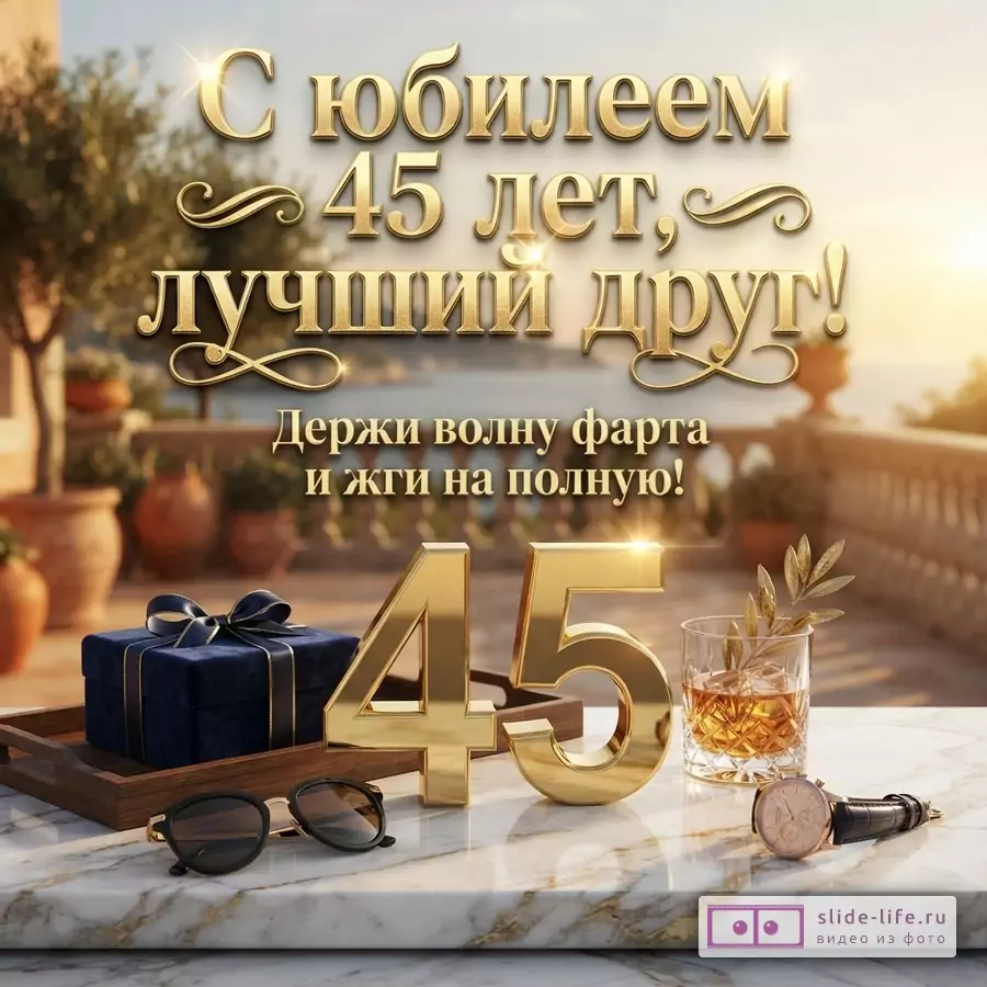 Золотые буквы на фоне террасы с видом на море, закат. Текст: «С юбилеем 45 лет, лучший друг! Держи волну фарта и жги на полную!» На столе золотые цифры «45», подарок, очки, стакан виски, часы.
