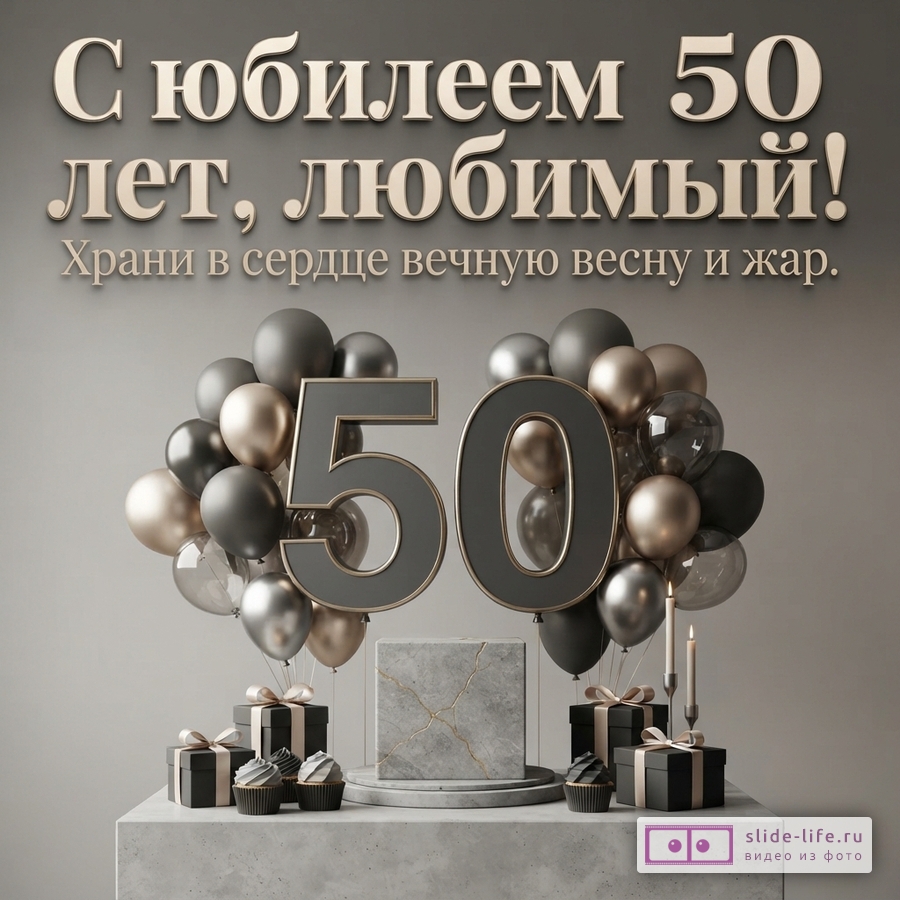 Открытка на сером фоне с золотыми и черными шарами, подарками, кексами и свечами. В центре крупные цифры 50. Текст: «С юбилеем 50 лет, любимый! Храни в сердце вечную весну и жар.»