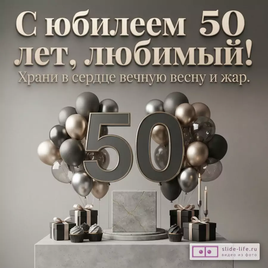 Открытка на сером фоне с золотыми и черными шарами, подарками, кексами и свечами. В центре крупные цифры 50. Текст: «С юбилеем 50 лет, любимый! Храни в сердце вечную весну и жар.»