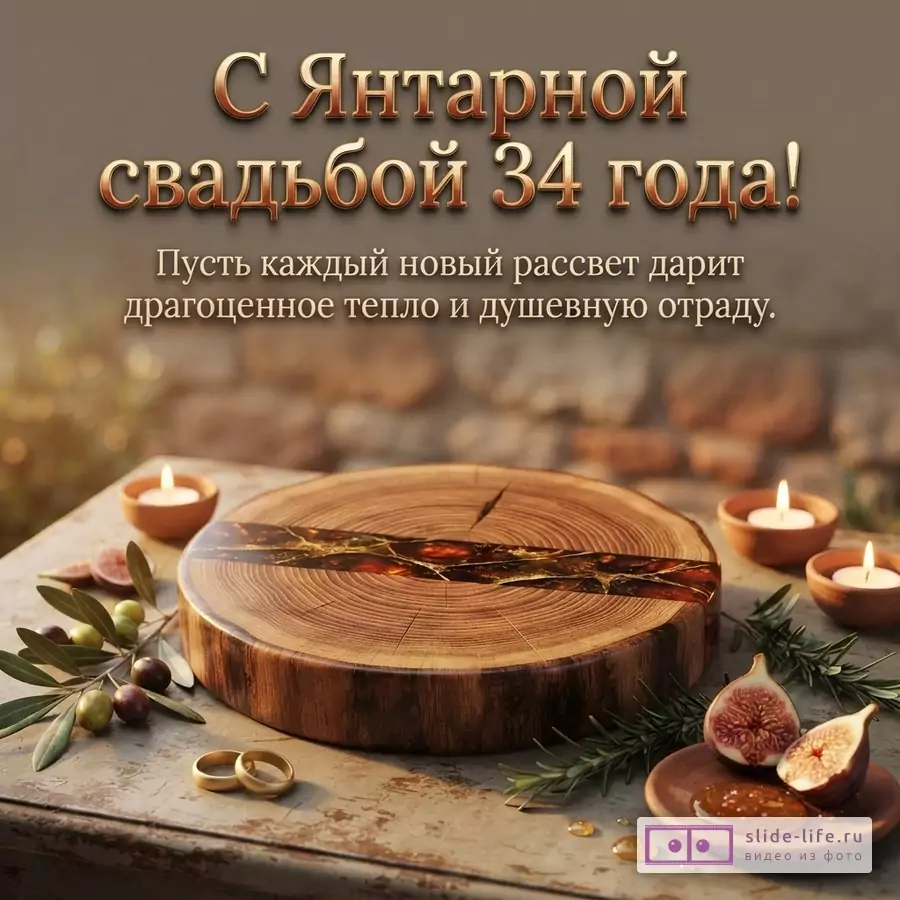 Коричневый фон, текст золотого цвета, деревянная подставка с янтарной вставкой, свечи, оливки, инжир, обручальные кольца. Текст: «С Янтарной свадьбой 34 года! Пусть каждый новый рассвет дарит драгоценное тепло и душевную отраду.»
