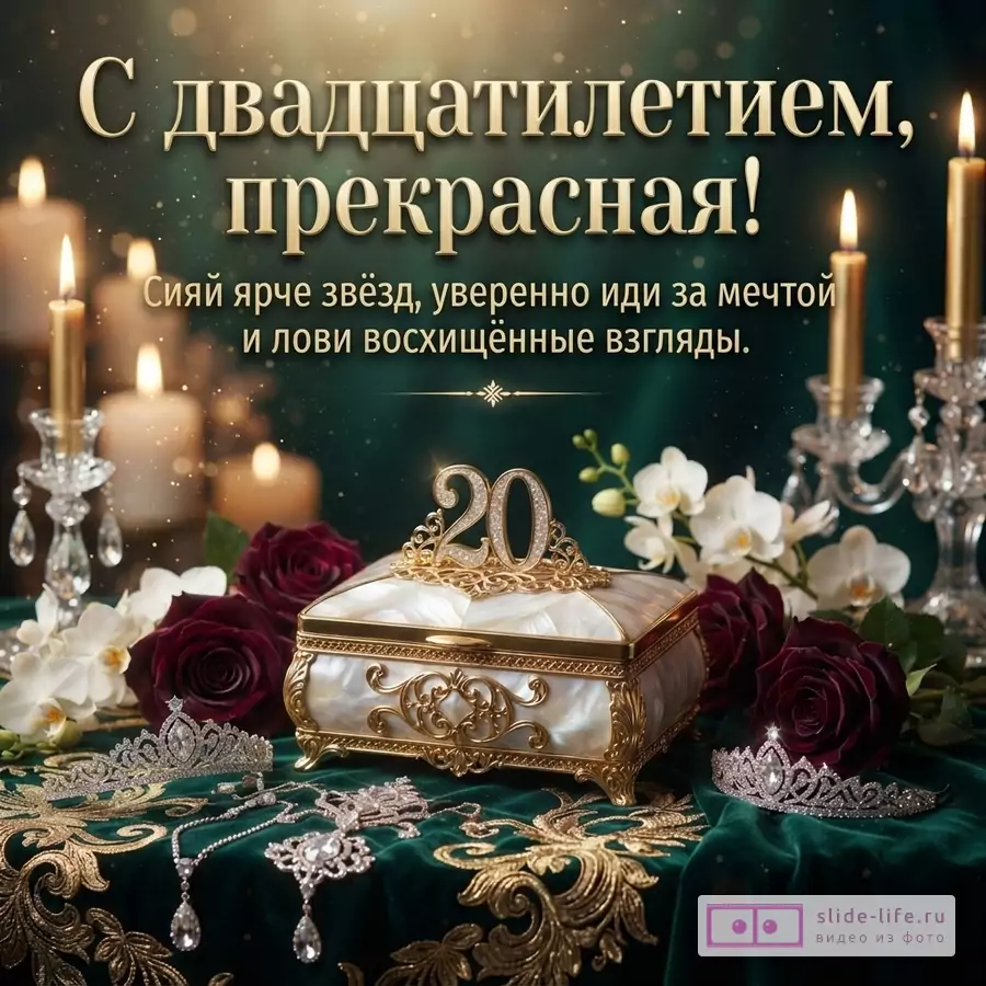 Перламутровая шкатулка с золотым числом 20 в окружении бордовых роз, тиар и свечей с текстом «С двадцатилетием, прекрасная! Сияй ярче звёзд, уверенно иди за мечтой и лови восхищённые взгляды».