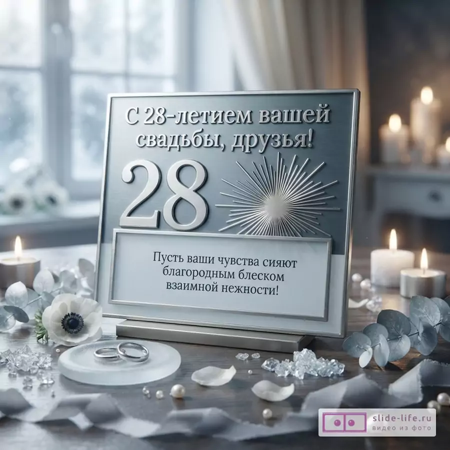 Серебристая табличка с надписью «С 28-летием вашей свадьбы, друзья!» и цифрой «28», на фоне свечей, цветов и обручальных колец. Фон серый, белый.